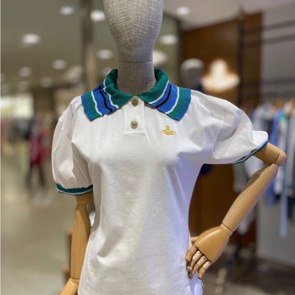 Vivienne Westwood White Polo with Green and Blue Striped Knit Collar